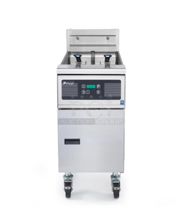 Brand new Pitco SFSE14R stainless steel electric fryer with back splash, basket hanger, and solid-state thermostat.