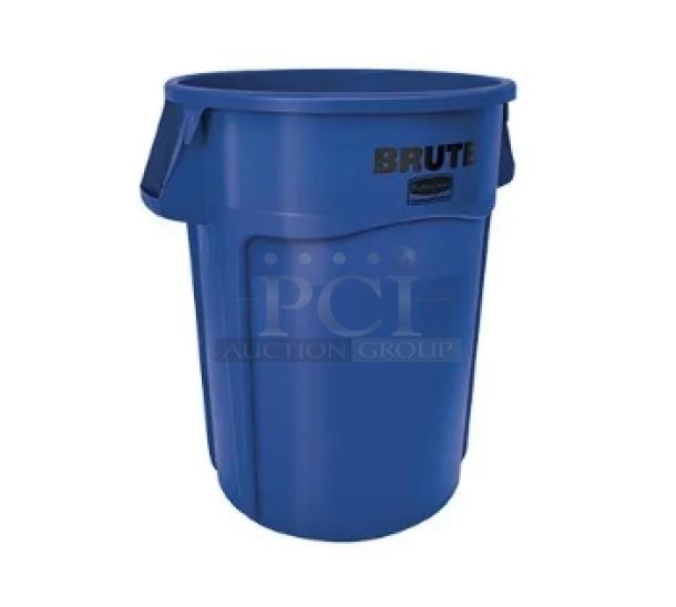 Brand new Rubbermaid BRUTE Series blue 44 gal. round trash can, model FG264360BLUE. Durable, vented design.