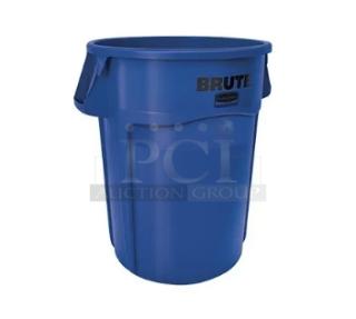 Brand new Rubbermaid BRUTE Series blue 44 gal. round trash can, model FG264360BLUE. Durable, vented design.