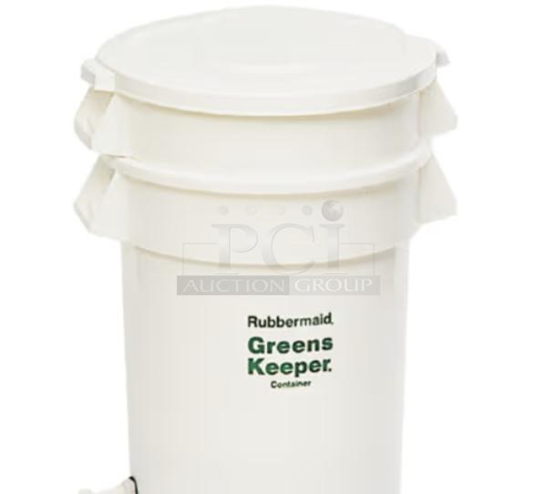 Brand new Rubbermaid BRUTE Greens Keeper container, white, round, commercial grade, labeled for vegetable storage.