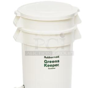 Brand new Rubbermaid BRUTE Greens Keeper container, white, round, commercial grade, labeled for vegetable storage.