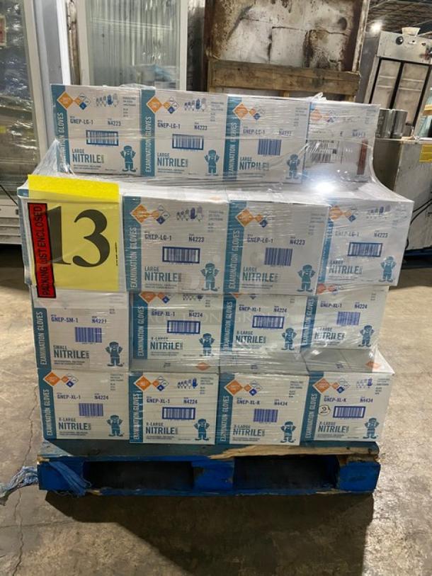 Full pallet of The Safety Zone nitrile powder-free gloves in assorted sizes. Brand new, commercial-grade, 40X your bid.