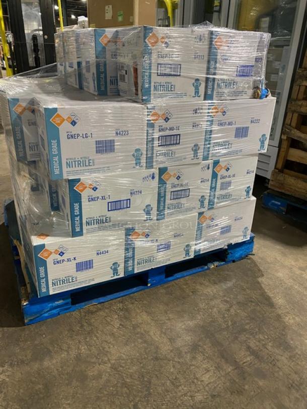 Full pallet of The Safety Zone Nitrile Powder-Free Disposable Gloves, assorted sizes, in original packaging, brand new.