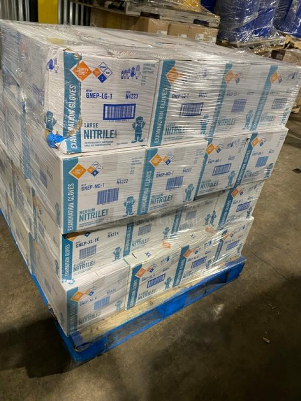 Brand new pallet of The Safety Zone nitrile gloves, powder-free, assorted sizes. Boxes labeled "Exam Gloves." 40X your bid.