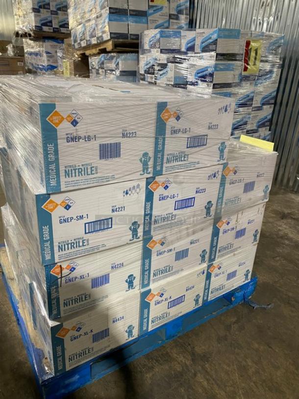 A full pallet of brand new The Safety Zone nitrile powder-free gloves, medical grade, various sizes. 40 boxes in total.