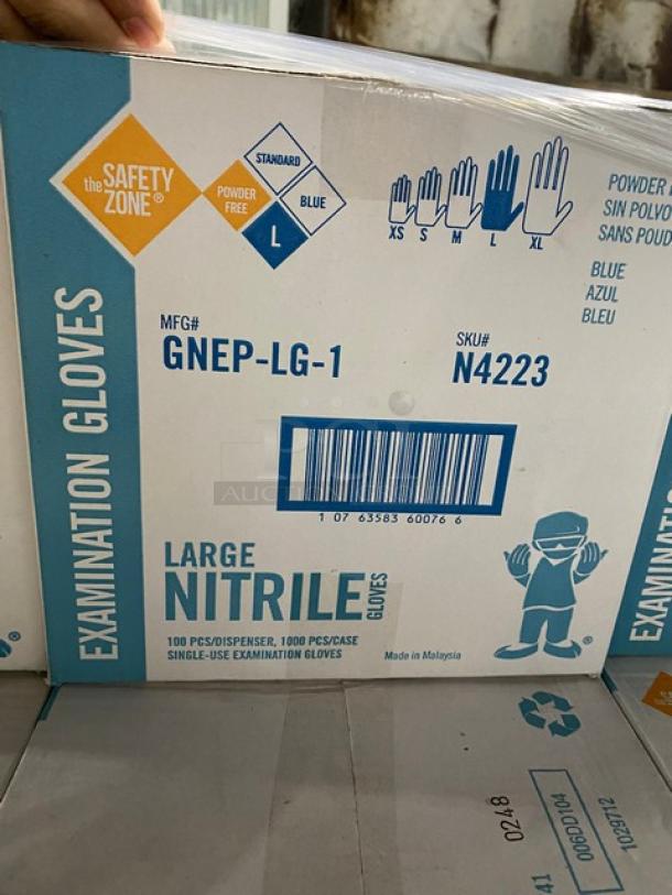 The Safety Zone nitrile gloves, large size, powder-free, 1000 pcs/pallet, model GNEP-LG-1, SKU N4223, new condition.