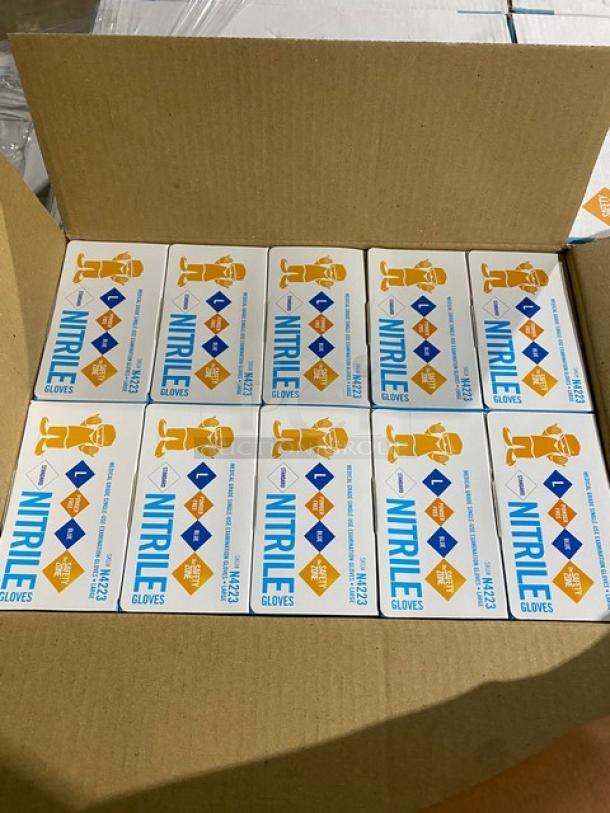 Full pallet of brand new The Safety Zone nitrile gloves, powder-free, assorted sizes, commercial use, 40x quantity.