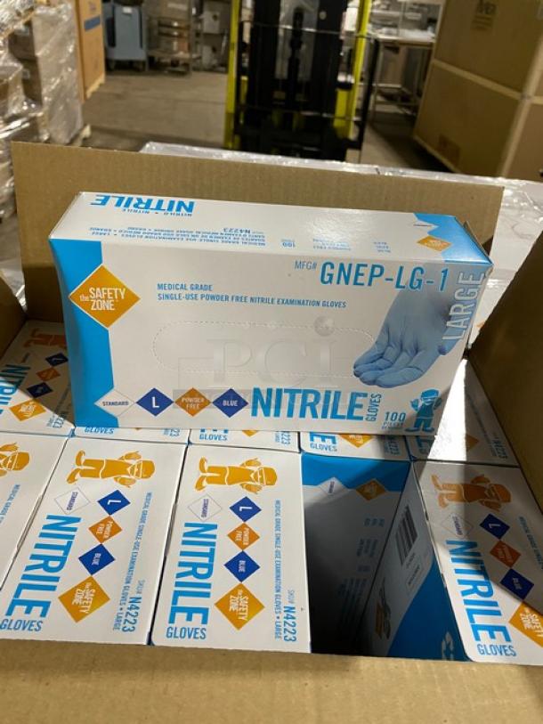 The Safety Zone nitrile gloves pallet; new, powder-free, assorted sizes, model GNEP-LG-1, medical-grade, large size shown.