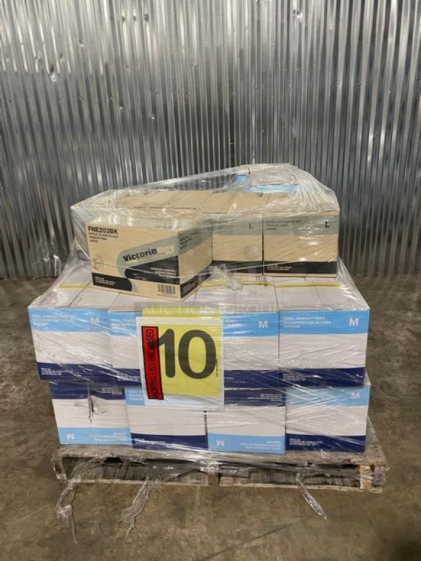 BRAND NEW full pallet of Victoria Bay vinyl powder-free disposable gloves. Various sizes; boxes wrapped and ready for auction.