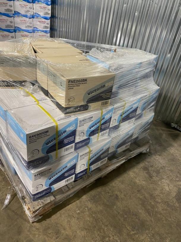 Brand new full pallet of Victoria Bay commercial vinyl powder-free disposable gloves, assorted sizes, factory-sealed.