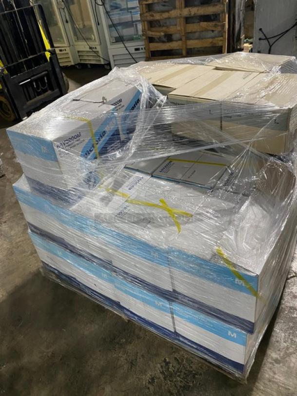 Brand new pallet of Victoria Bay commercial vinyl powder-free disposable gloves, assorted sizes, wrapped for shipment.