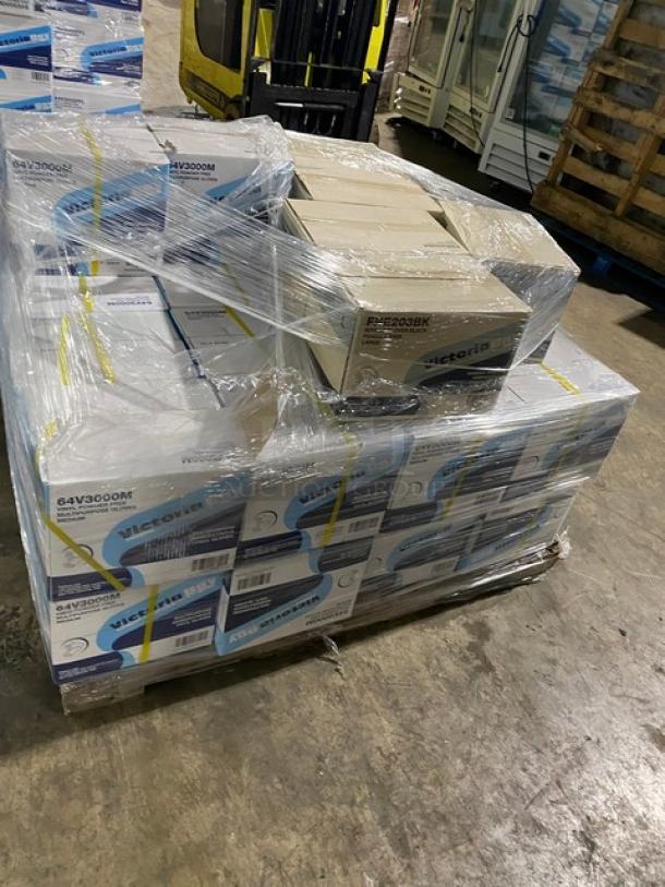 Full pallet of brand new Victoria Bay commercial vinyl powder-free disposable gloves, assorted, wrapped and ready for auction.