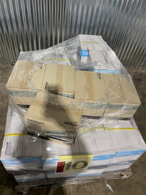 BRAND NEW full pallet of Victoria Bay commercial vinyl powder-free disposable gloves, assorted sizes. Wrapped and ready for auction.