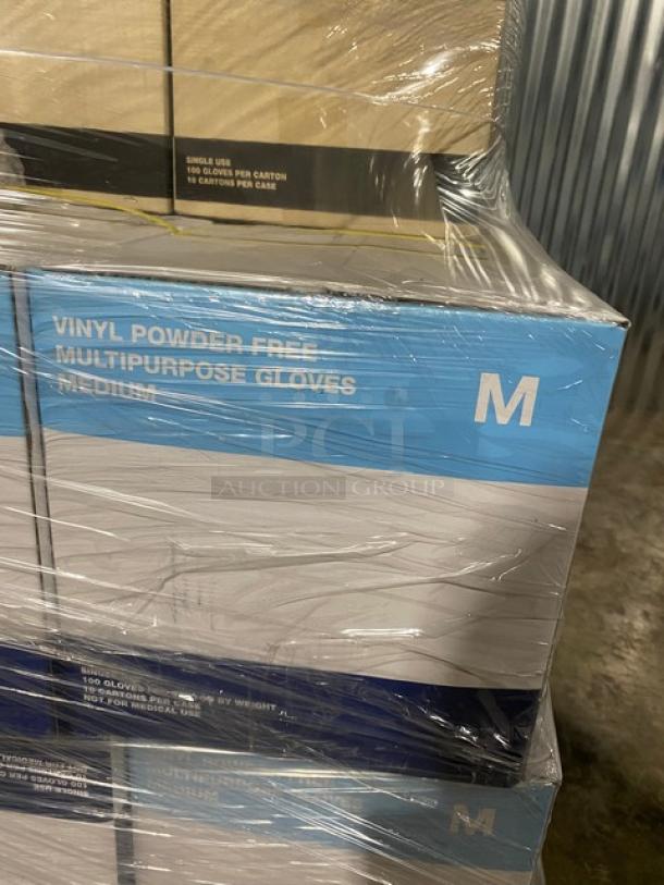 BRAND NEW full pallet of Victoria Bay commercial vinyl powder-free disposable gloves, medium size, assorted boxes.
