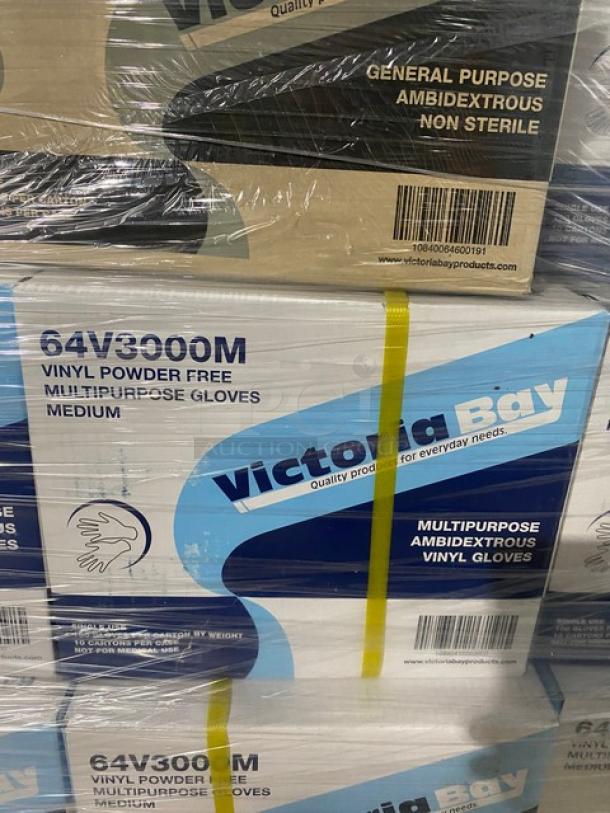 Brand new pallet of Victoria Bay commercial vinyl powder-free disposable gloves. Assorted boxes marked 64V3000M, medium size.