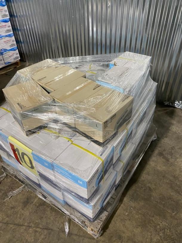 Brand new pallet of Victoria Bay vinyl powder-free disposable gloves. Assorted sizes, commercial use, wrapped for shipping.