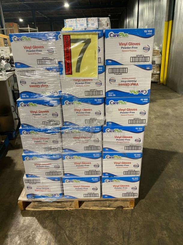 BRAND NEW full pallet of Care Plus Vinyl Powder-Free Disposable Gloves, 90 boxes, assorted sizes.