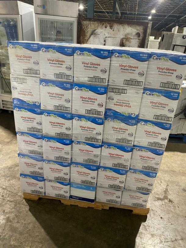 Full pallet of Care Plus powder-free vinyl gloves, assorted sizes. New condition, 90 boxes. Ideal for commercial use.