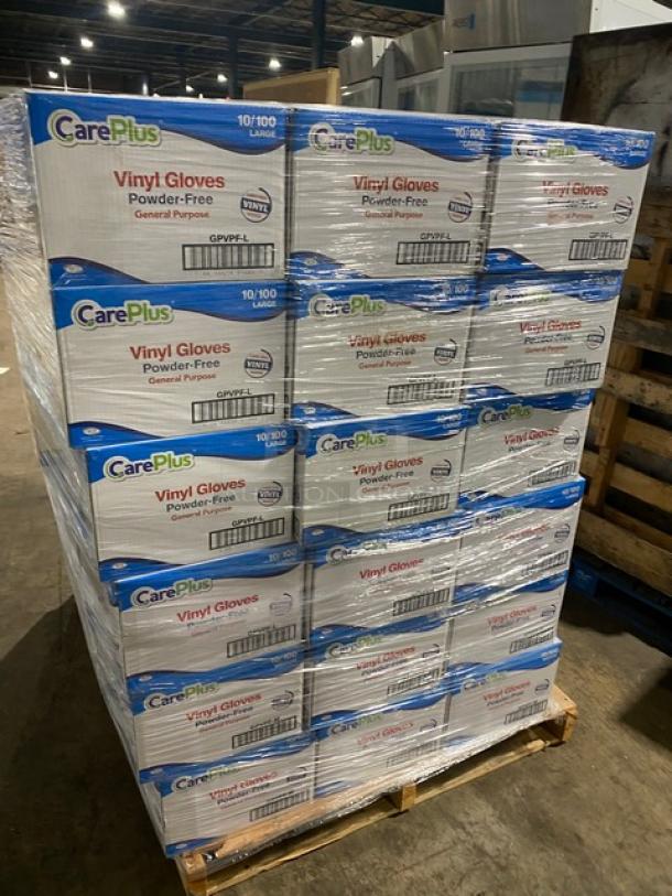 Brand new pallet of Care Plus vinyl gloves, powder-free, assorted sizes, commercial use, 90 boxes, unopened.