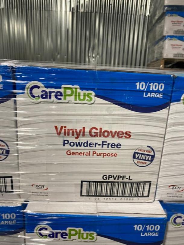 Care Plus vinyl gloves pallet, powder-free, large size. Brand new, assorted boxes, 10/100 count, general purpose use.