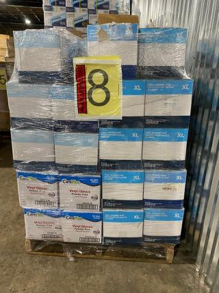 Brand new full pallet of Care Plus/Victoria Bay powder-free vinyl gloves, assorted sizes, wrapped and labeled for auction.
