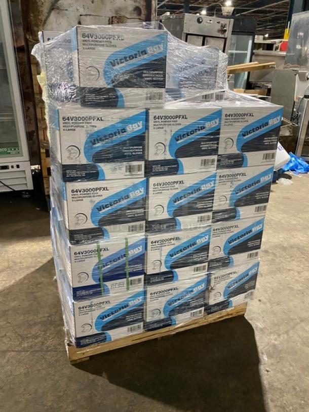 Brand new full pallet of Care Plus/Victoria Bay vinyl powder-free disposable gloves. Boxes labeled "64V3000DFXL."