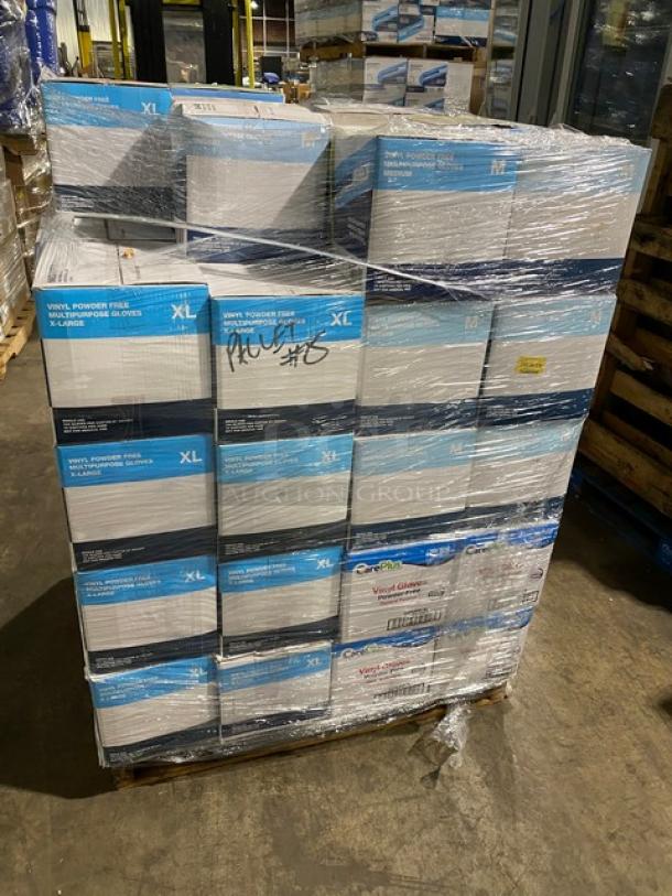 Brand new pallet of Care Plus/Victoria Bay vinyl powder-free disposable gloves, assorted sizes, shrink-wrapped, labeled XL.