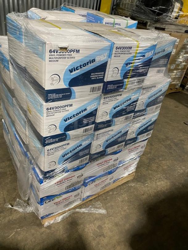 Full pallet of Care Plus/Victoria Bay vinyl powder-free gloves. Assorted sizes. Brand new, in original packaging.