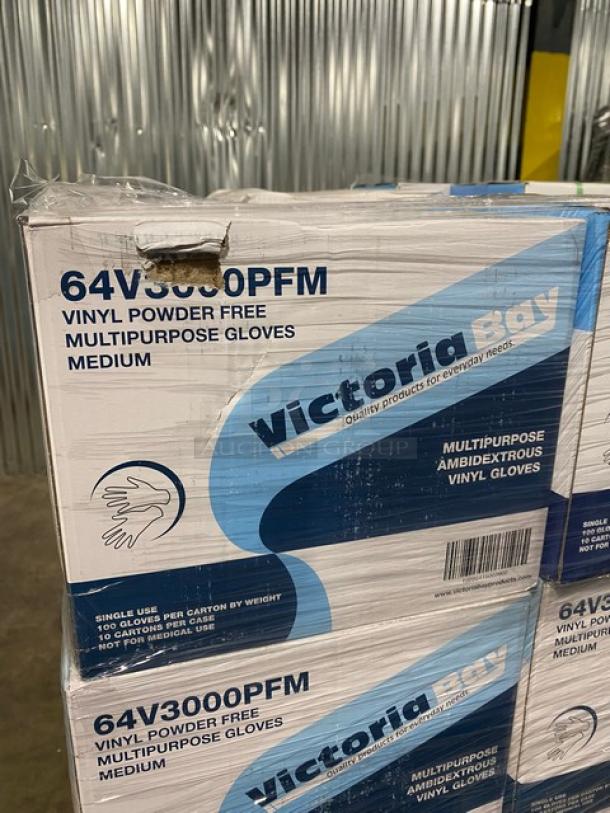 Brand new pallet of Care Plus/Victoria Bay vinyl powder-free gloves, medium size, 64V3000PFM, multipurpose and ambidextrous.