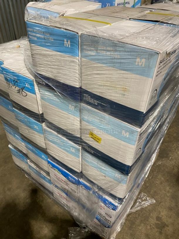 Full pallet of Care Plus/Victoria Bay vinyl powder-free disposable gloves, assorted sizes, brand new, in original packaging.