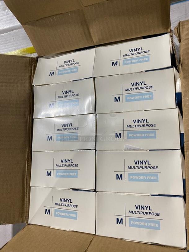 Brand new pallet of Care Plus/Victoria Bay vinyl powder-free disposable gloves, medium size, boxes in pristine condition.