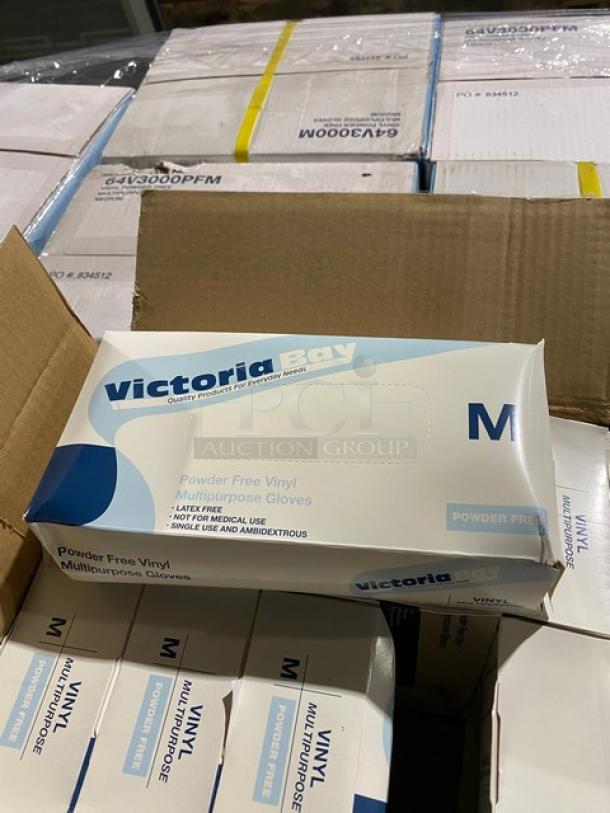 Brand new pallet of Care Plus/Victoria Bay powder-free vinyl gloves. Commercial use, assorted sizes, single-use, ambidextrous.