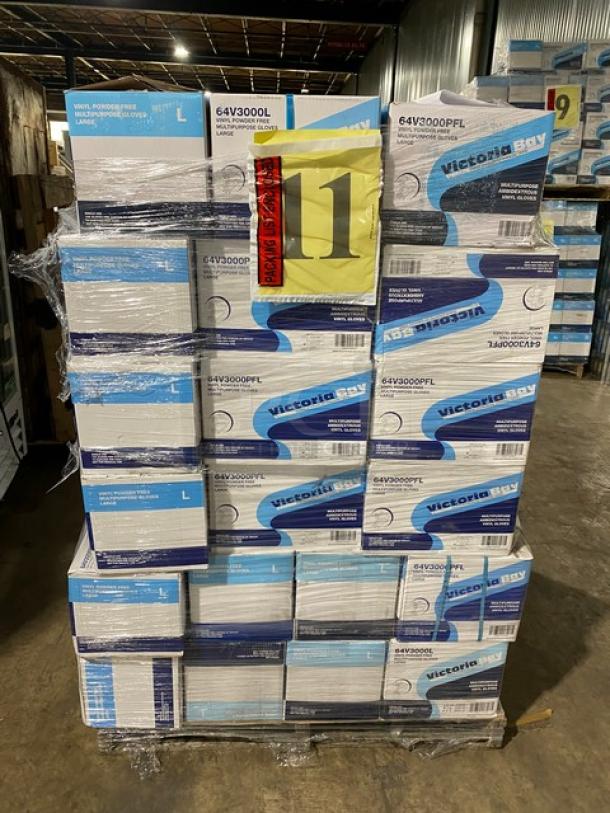 ```plaintext
Full pallet of brand new Victoria Bay vinyl powder-free disposable gloves; assorted sizes, 120 boxes, auction item 11.
```