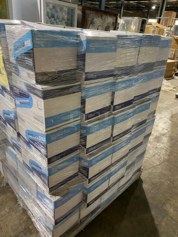 Pallet of Victoria Bay commercial vinyl powder-free disposable gloves, assorted sizes, sealed boxes, brand new condition.