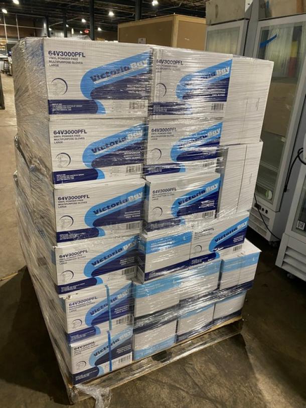 Brand new pallet of Victoria Bay commercial vinyl powder-free disposable gloves, assorted sizes, 120 boxes, shrink-wrapped.