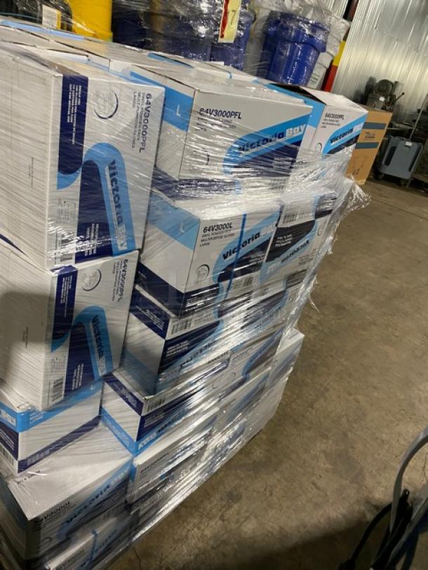Pallet of Victoria Bay vinyl powder-free disposable gloves, assorted sizes, in original packaging. Brand new condition.