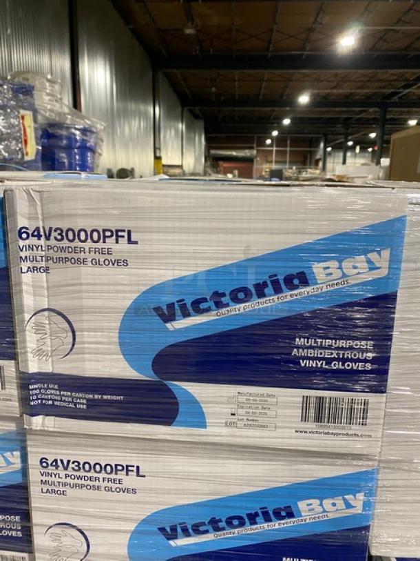 Victoria Bay vinyl gloves pallet, powder-free, assorted sizes. New condition. Box shows model 64V3000PFL, 120X bid.