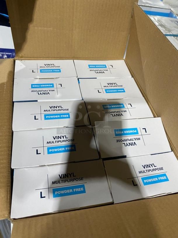 Victoria Bay vinyl disposable gloves, powder-free, multipurpose boxes on full pallet, brand new condition.