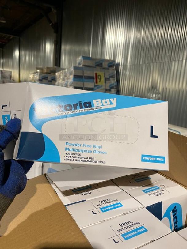 Brand new full pallet of Victoria Bay powder-free vinyl disposable gloves, large size, latex-free, multipurpose use.