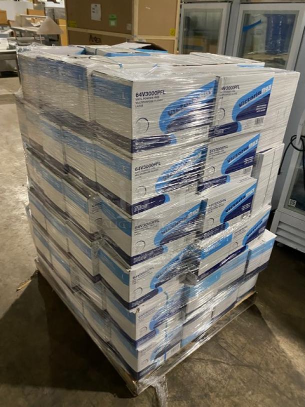 A full pallet of brand new Victoria Bay commercial vinyl powder-free disposable gloves, boxed and shrink-wrapped.