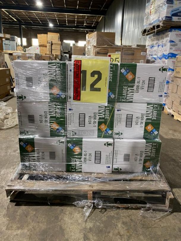 Brand new full pallet of Victoria Bay vinyl powder-free disposable gloves, sealed and boxed, auction lot number displayed.