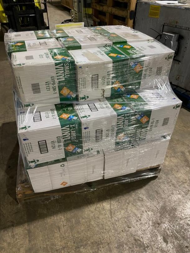 Brand new full pallet of Victoria Bay commercial vinyl powder-free disposable gloves, assorted sizes, shrink-wrapped.