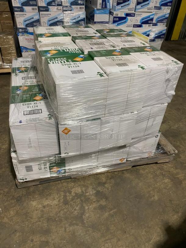 Brand new pallet of Victoria Bay commercial vinyl powder-free disposable gloves, assorted sizes, shrink-wrapped and ready for shipment.