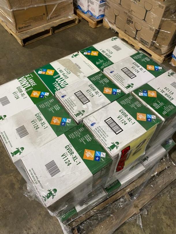 Full pallet of Victoria Bay vinyl powder-free disposable gloves, assorted sizes, brand new in sealed boxes, quantity 18X.