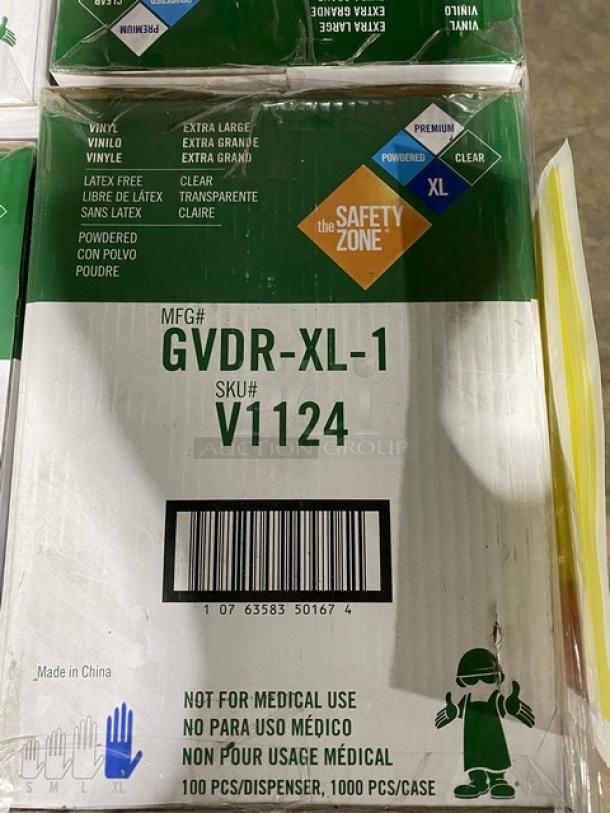 Full pallet of Victoria Bay commercial vinyl disposable gloves, powder-free, latex-free, XL size, 1000 pcs/case, new condition.