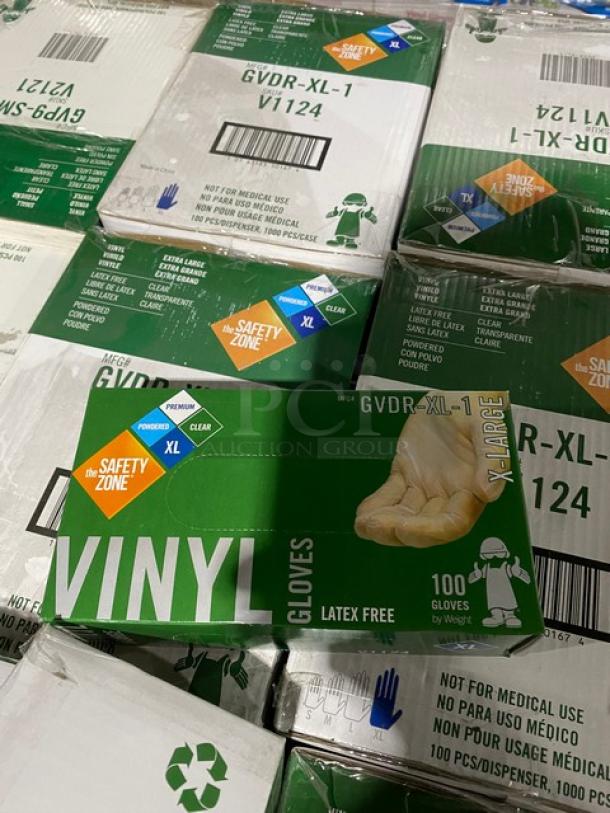 Brand new full pallet of Victoria Bay commercial vinyl powder-free disposable gloves, X-Large size, 100 gloves per box.