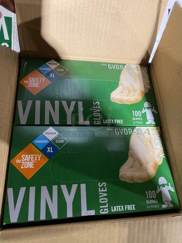 Box of Victoria Bay commercial vinyl disposable gloves, powder-free, latex-free, size XL. Brand new, full pallet shown.
