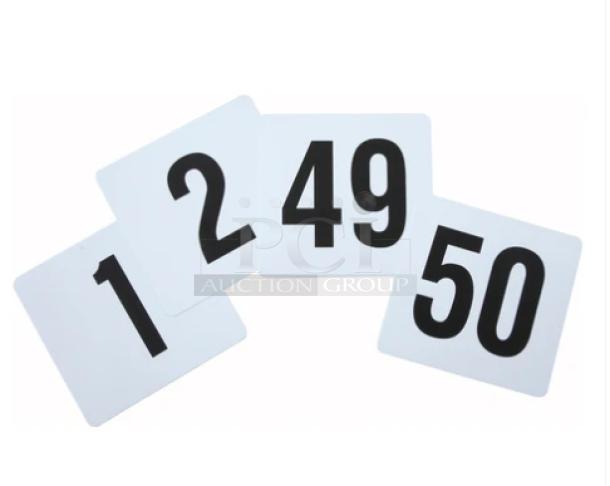 Winco TBN-50 tabletop placard set, numbers 1-50, brand new, white cards with bold black print.