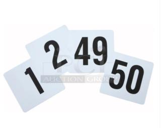 Winco TBN-50 tabletop placard set, numbers 1-50, brand new, white cards with bold black print.