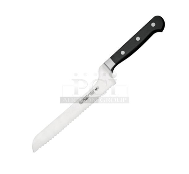 Brand new Winco Acero Series 8" offset bread knife, stainless steel, black grip handle, Model KFP83.